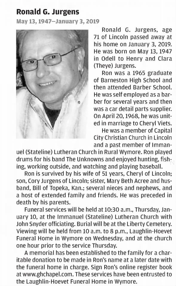 Obituary for Ronald G. Jurgens, 1947-2019 (Aged 71)